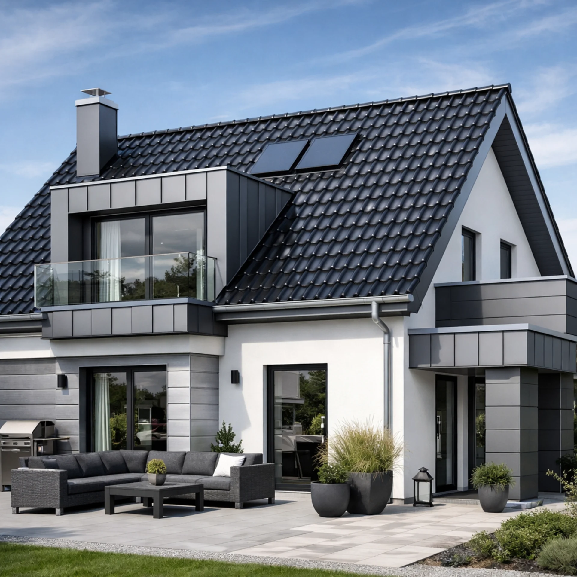Modernes Haus mit Steildach und Dachterrasse